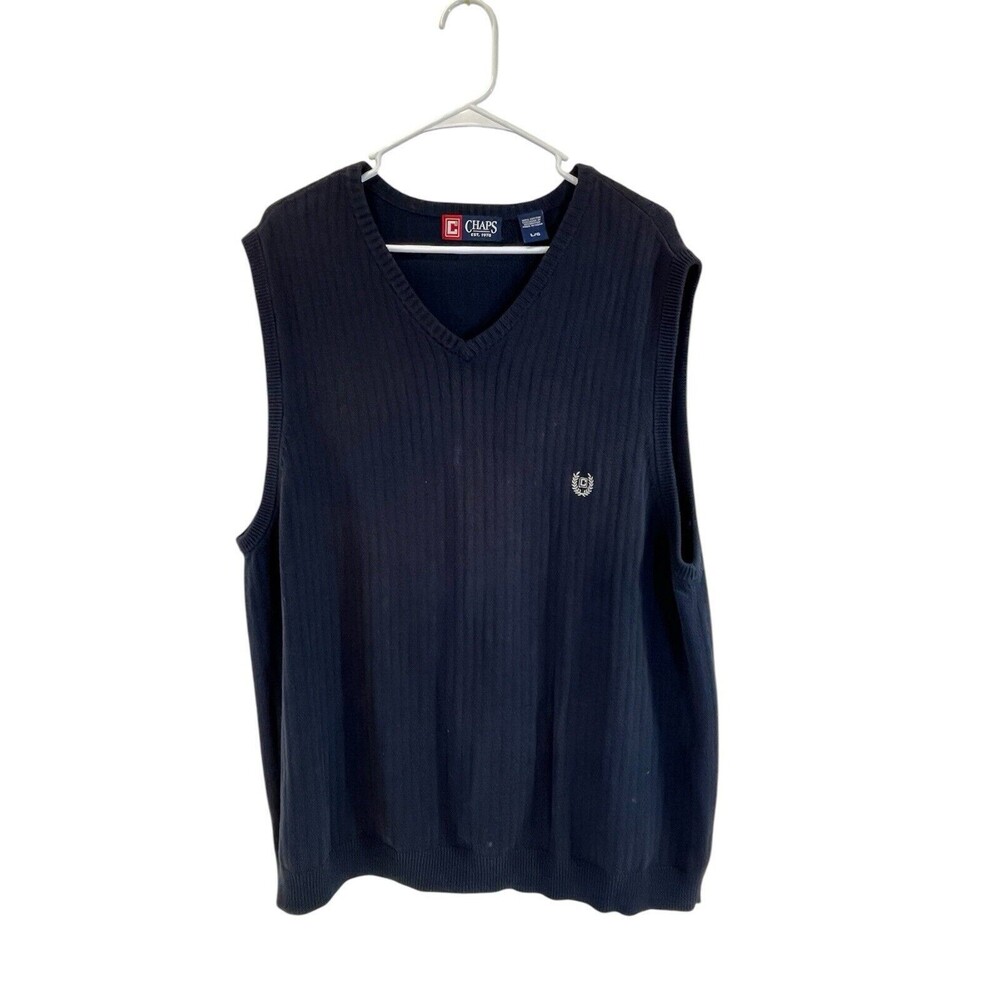 Chaps Logo Mens V Neck Sweater Vest‎ Large Navy Blue Cotton Ribbed Hem Pullover